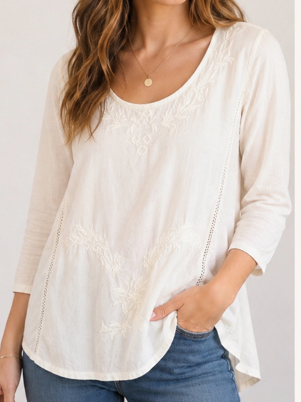 Lucky Brand Ivory Embroidered Boho Blouse Size Small